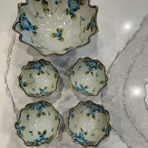 Vintage bone china set of three footed nut bowl and 4 cups, made in Japan.